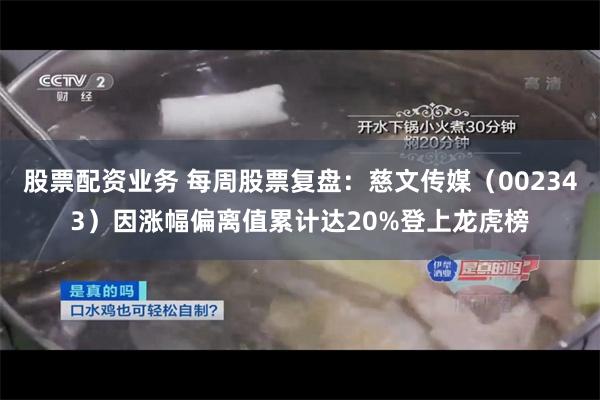 股票配资业务 每周股票复盘：慈文传媒（002343）因涨幅偏离值累计达20%登上龙虎榜