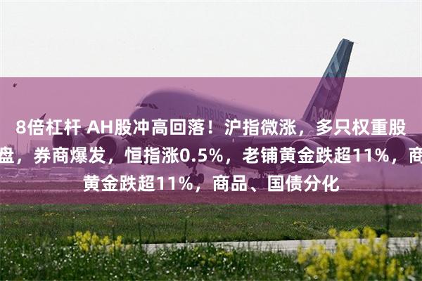 8倍杠杆 AH股冲高回落！沪指微涨，多只权重股尾盘竞价遭抛盘，券商爆发，恒指涨0.5%，老铺黄金跌超11%，商品、国债分化